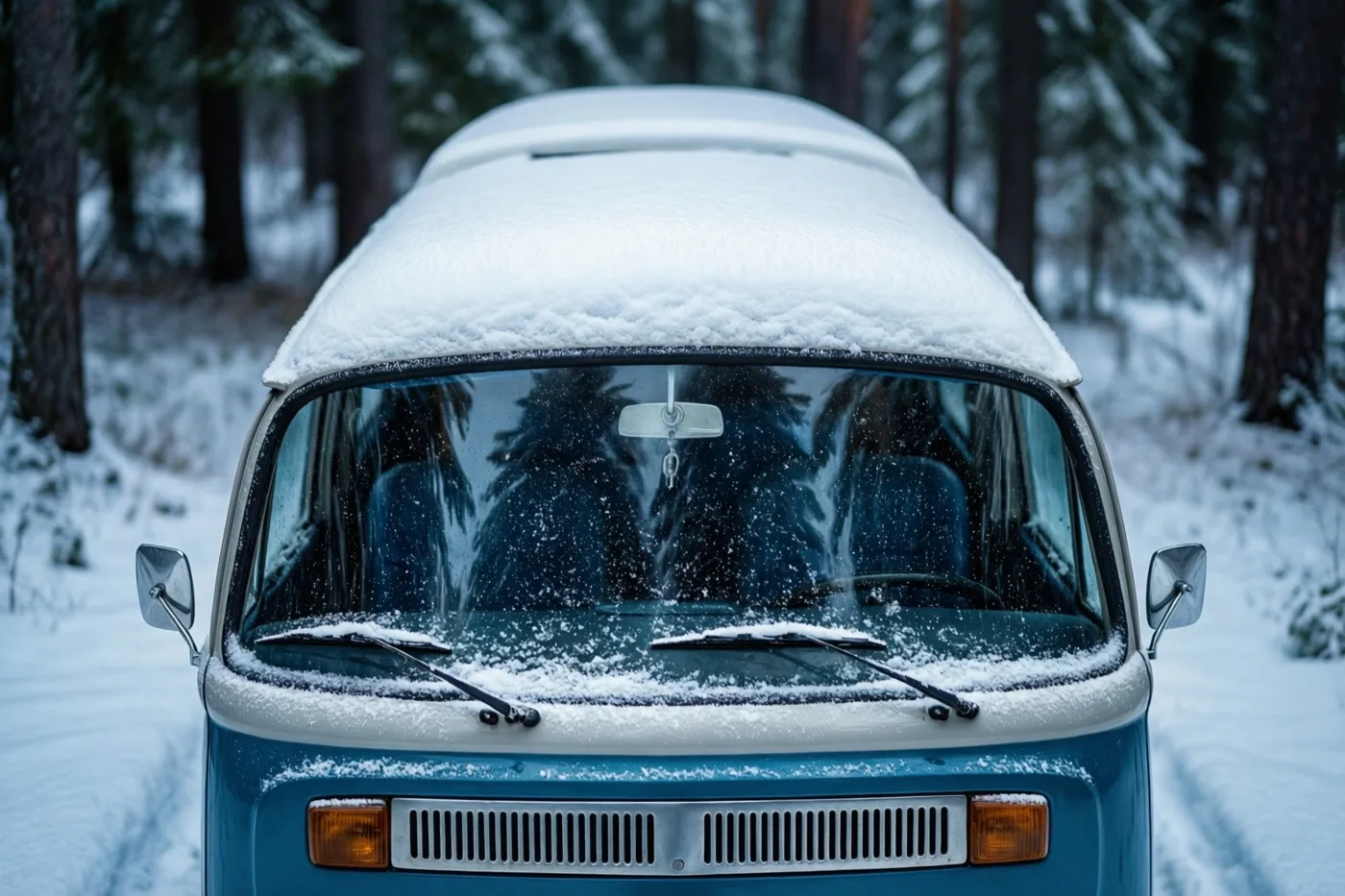 Een blauw-witte kampeerbus uit de jaren zestig staat op een besneeuwde open plek in het bos, met een dikke laag sneeuw op het dak en de voorruit.