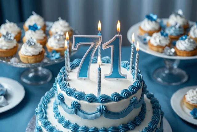 Een taart met verdiepingen, blauw-wit glazuur, een grote versiering met 71 en brandende kaarsen staat tussen cupcakes op een blauw tafelkleed.