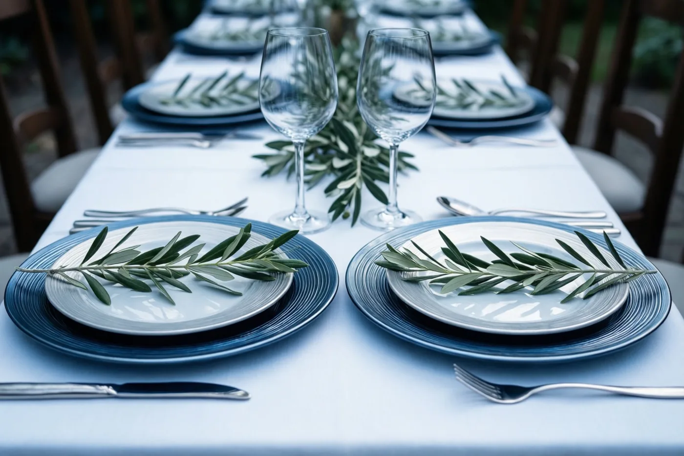 Twee gedekte plaatsen liggen naast elkaar op een lange tafel met een wit tafellaken, in blauwe en witte tinten met groene olijftakken.