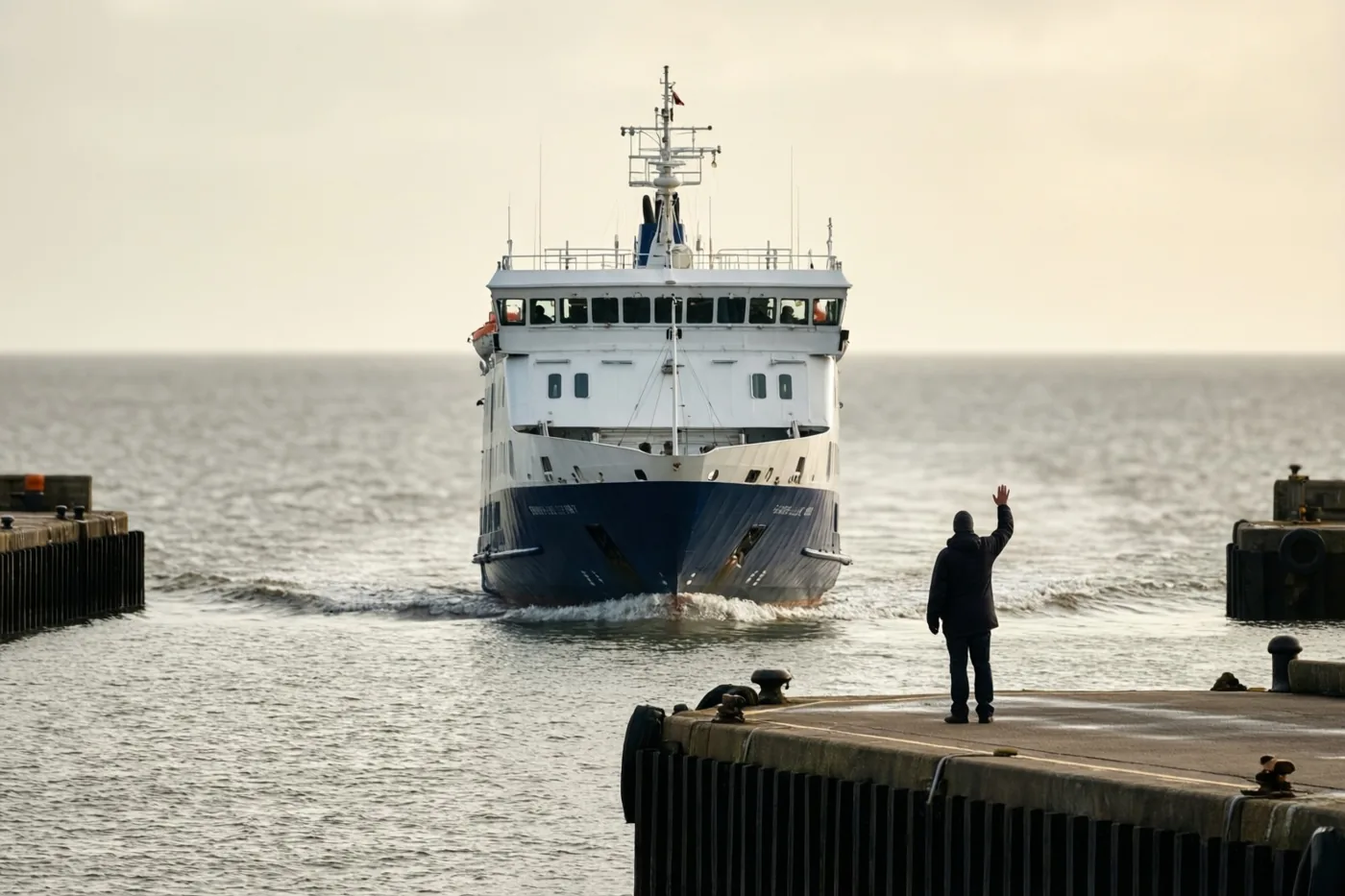 Een persoon in donkere kleren zwaait vanaf de kade naar een vertrekkende veerboot met een blauwe romp en witte bovenbouw onder een bewolkte hemel.