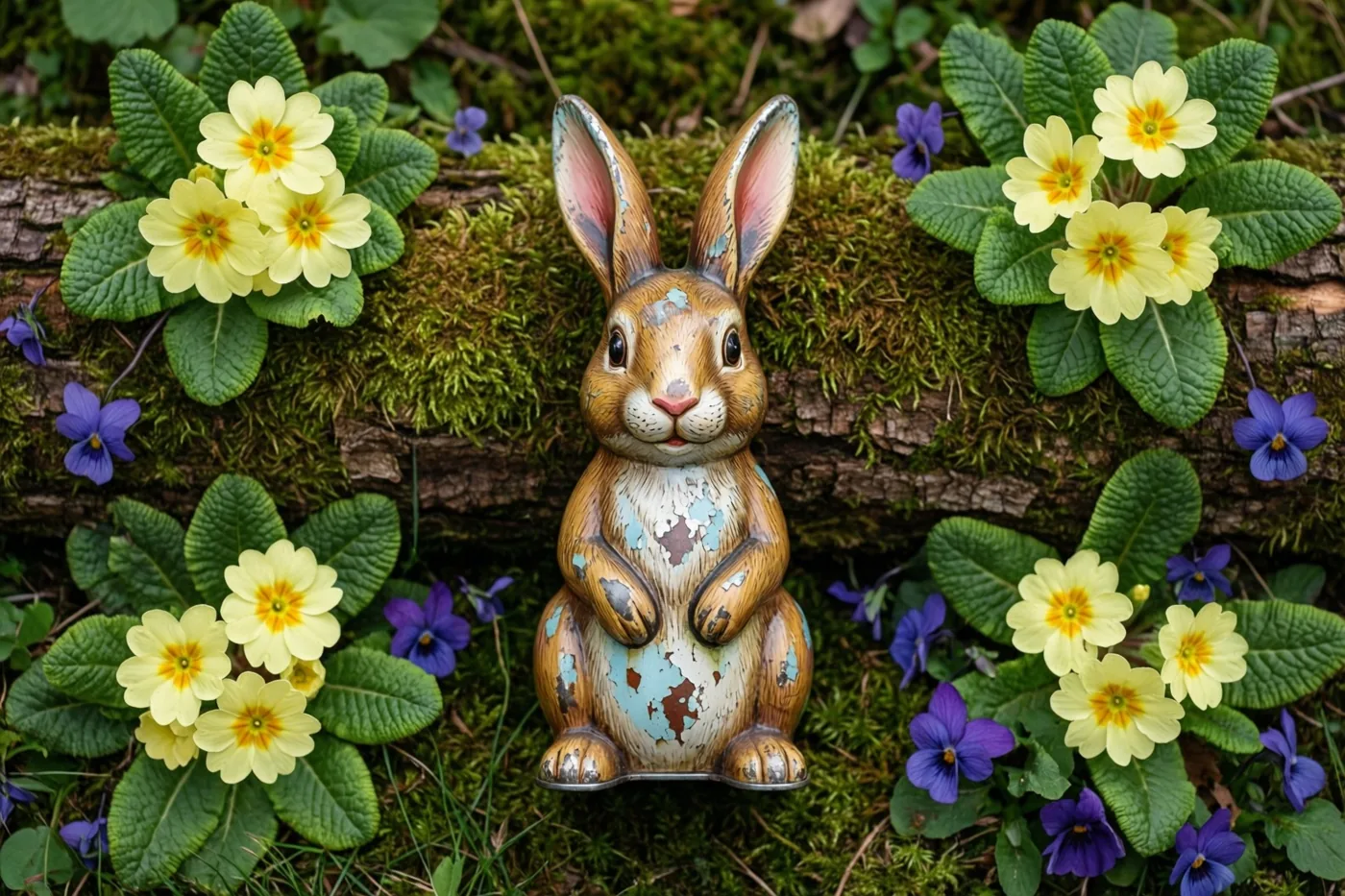 Een blikken opwindkonijn met afgebladderde blauwe en bruine verf zit op een bemoste boomstam tussen gele sleutelbloemen en paarse viooltjes in een tuin.