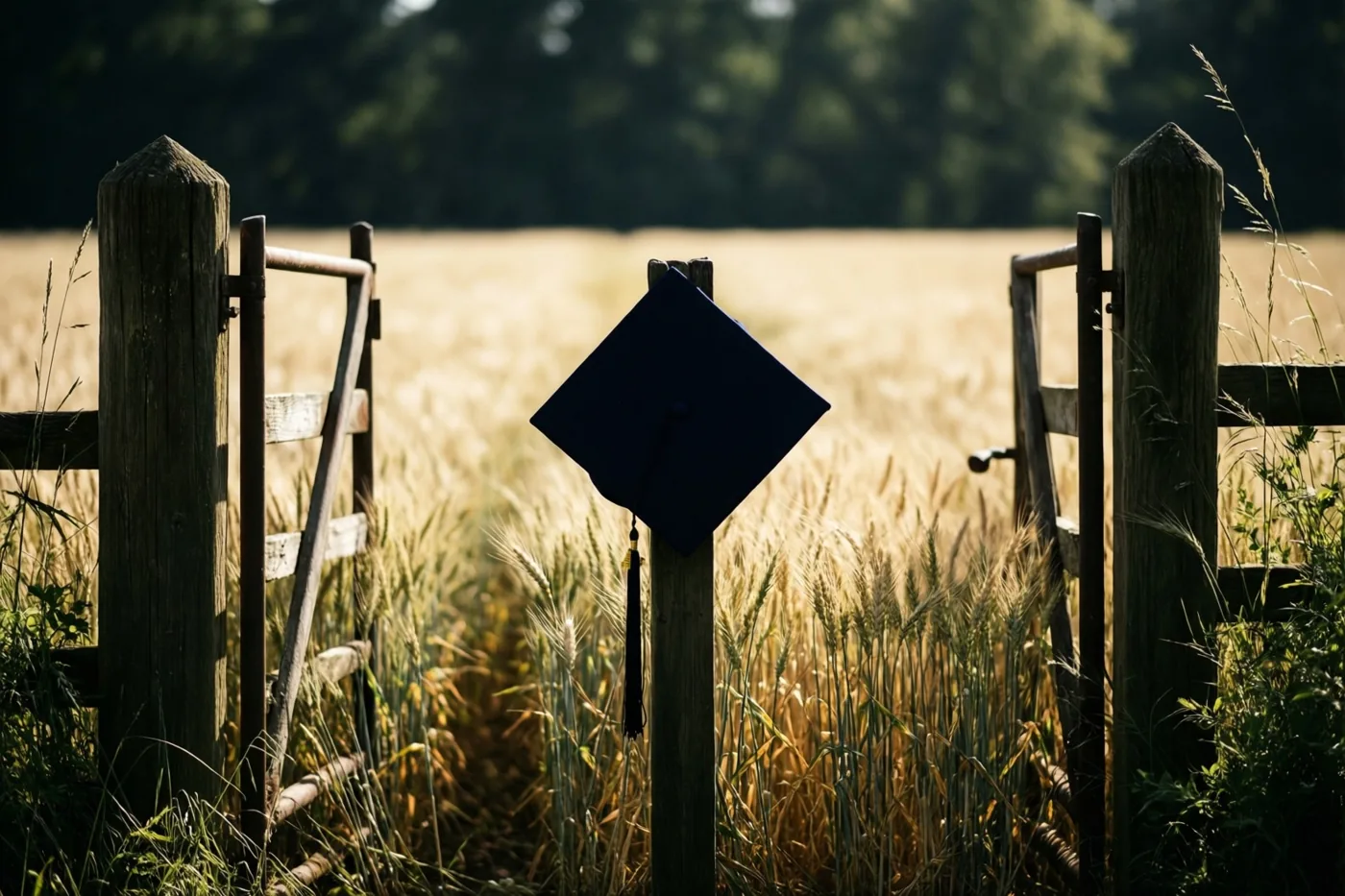 Een donkerblauwe afstudeerhoed hangt aan een houten paal van een open hek naar een goudkleurig tarweveld in de zon.