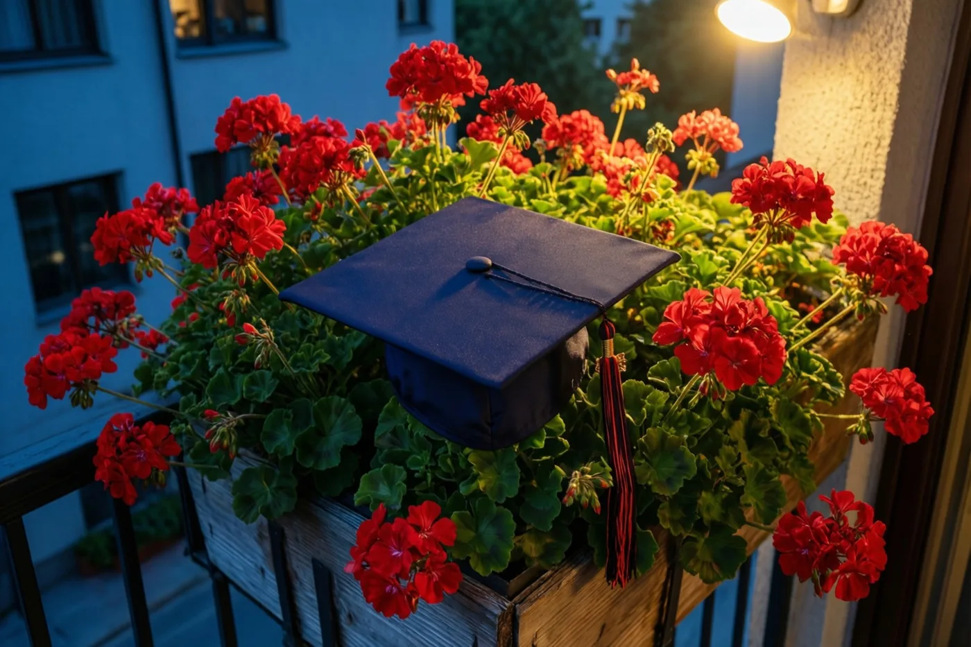 Een donkerblauwe afstudeerhoed ligt op een houten balkonbak vol rode geraniums bij schemering, met warme verlichting en een blauwgetint gebouw erachter.