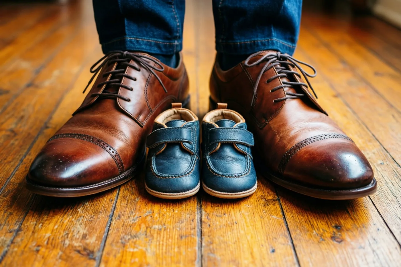 Kleine blauwe babyschoentjes staan tussen grote bruine leren herenschoenen op een houten vloer.
