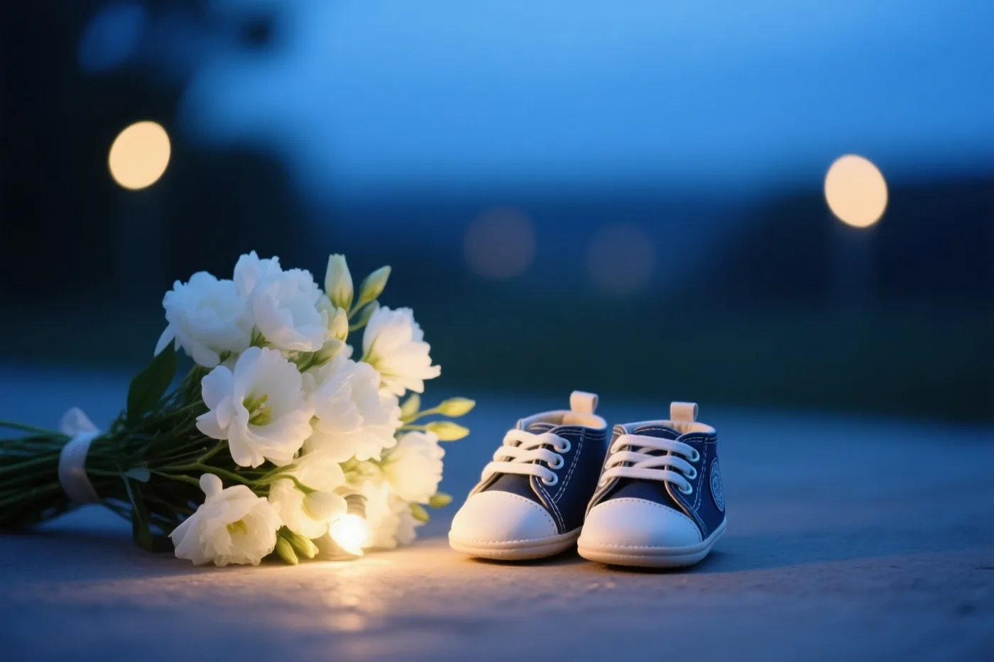 Blauwe babyschoentjes met witte veters en zolen staan naast een boeket witte bloemen op een verharde ondergrond, met een blauwe avondlucht en onscherpe warme lichtjes op de achtergrond.