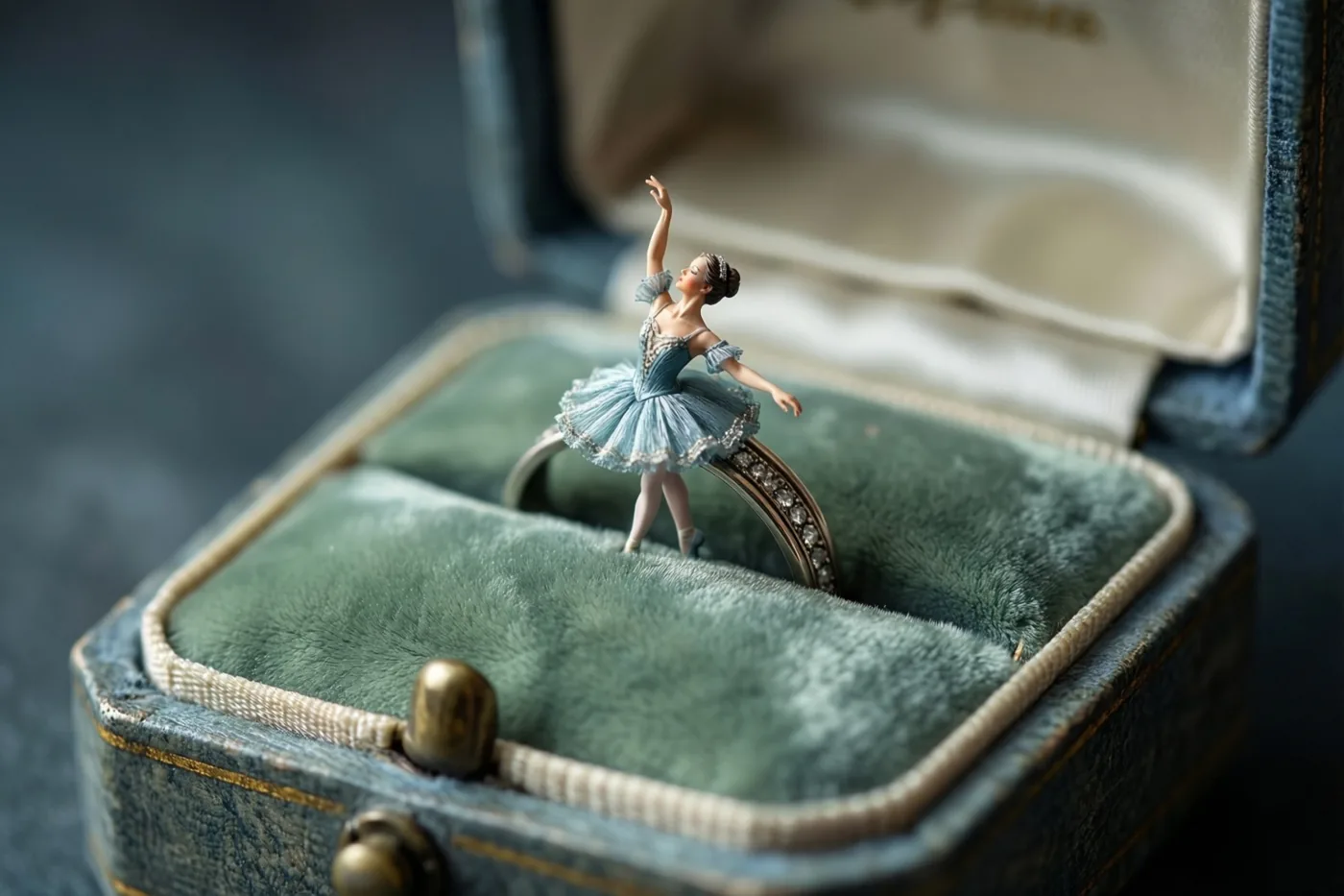 Een miniatuurballerina in een blauwe tutu staat sierlijk op een met diamanten bezette ring in een open vintage ringdoosje met groen fluweel aan de binnenkant en een blauwe buitenkant met textuur.