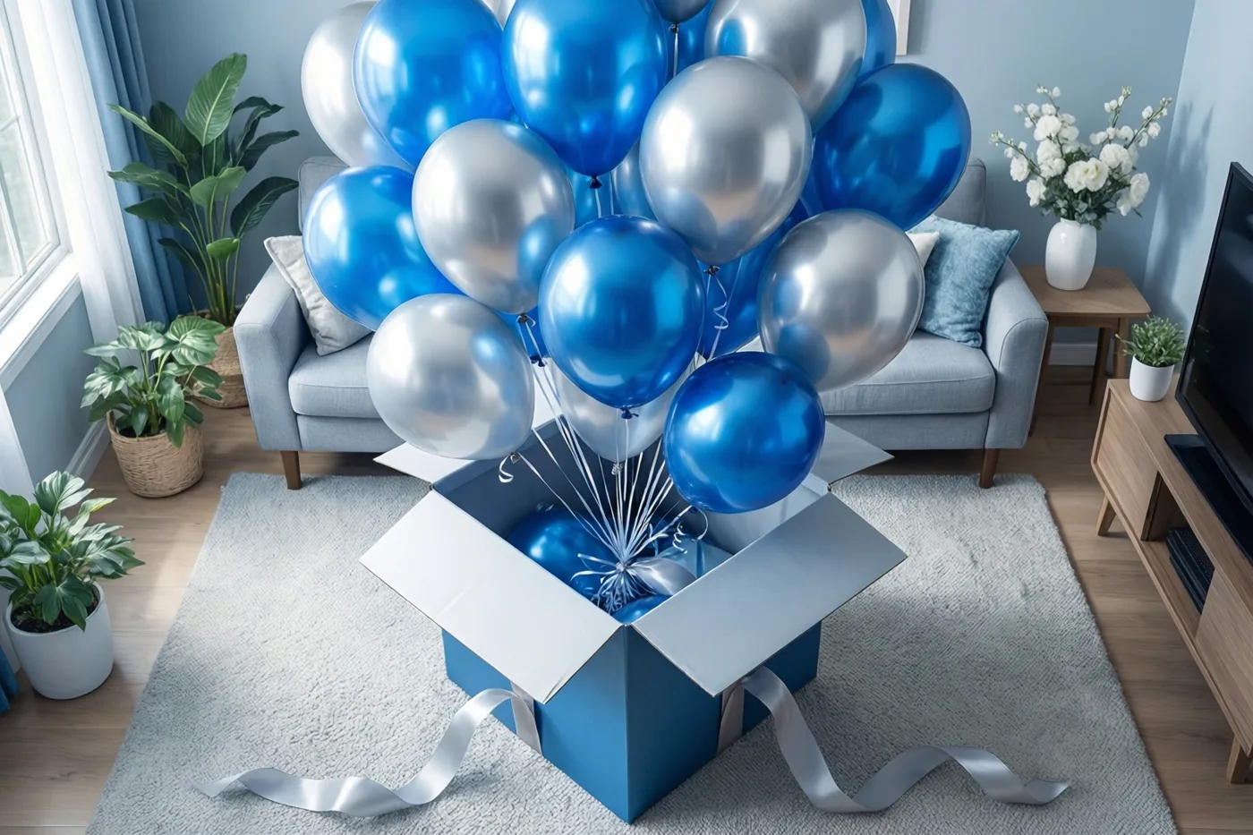 Blauwe en zilveren ballonnen stijgen uit een open blauwe geschenkdoos met zilveren lint op een grijs tapijt in een lichte woonkamer met een grijze zetel, planten en houten meubels.
