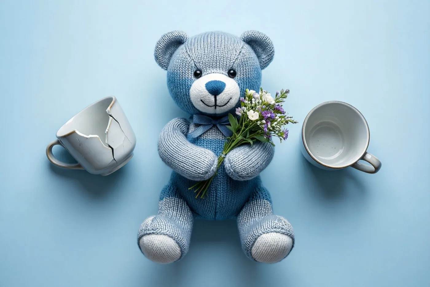 Een blauwe gebreide teddybeer zit met een klein boeketje tussen twee mokken op een lichtblauwe ondergrond, waarvan één mok gebroken is.
