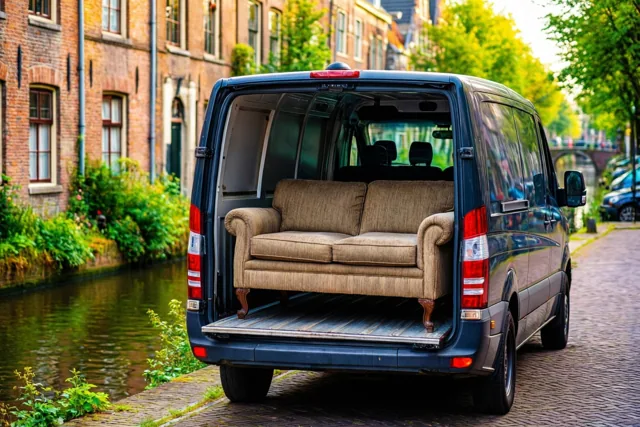 Een donkerblauwe bestelwagen met open achterdeuren en een beige stoffen zetel op het laadplatform staat op kasseien naast een kanaal, oude bakstenen gebouwen en weelderig groen.