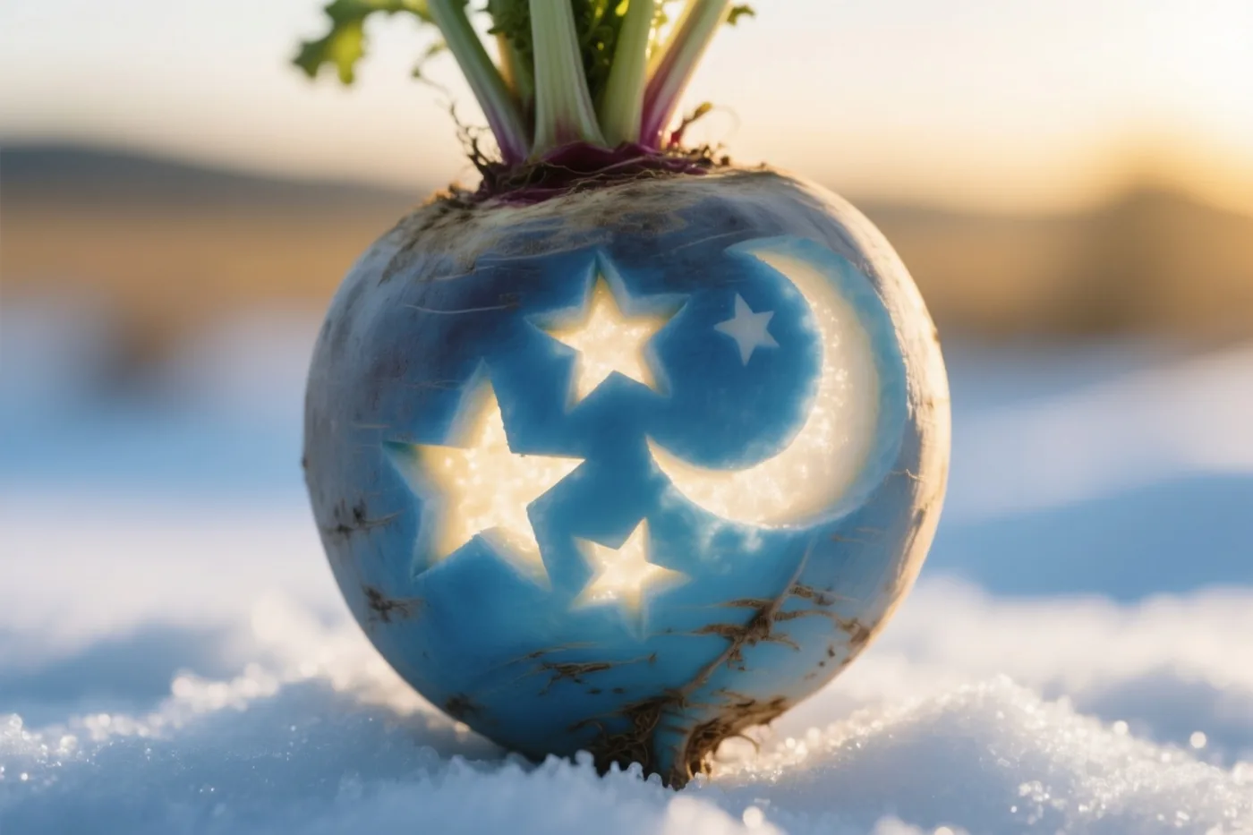 Een blauwe suikerbiet met uitgesneden sterren en een maansikkel staat in de sneeuw onder warm zonlicht.