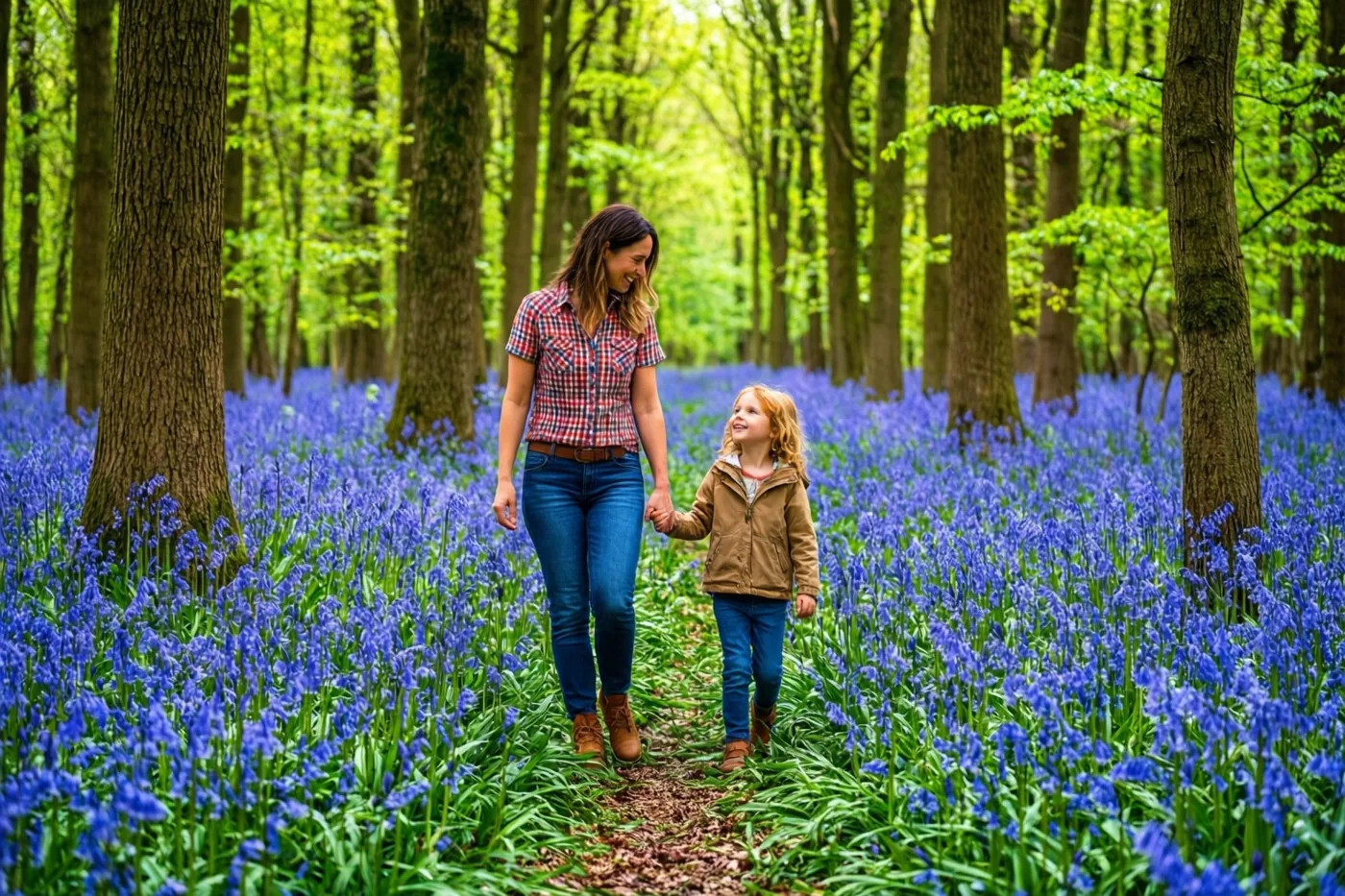 Een moeder en kind lopen hand in hand door een dicht bos met felgroene bladeren en een bodem vol blauwe boshyacinten.