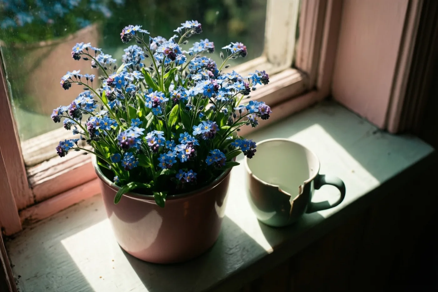 Een pot blauwe vergeet-mij-nietjes staat naast een gebroken keramisch kopje op een zonnige vensterbank, in een tafereel met blauwe, groene en roze tinten.