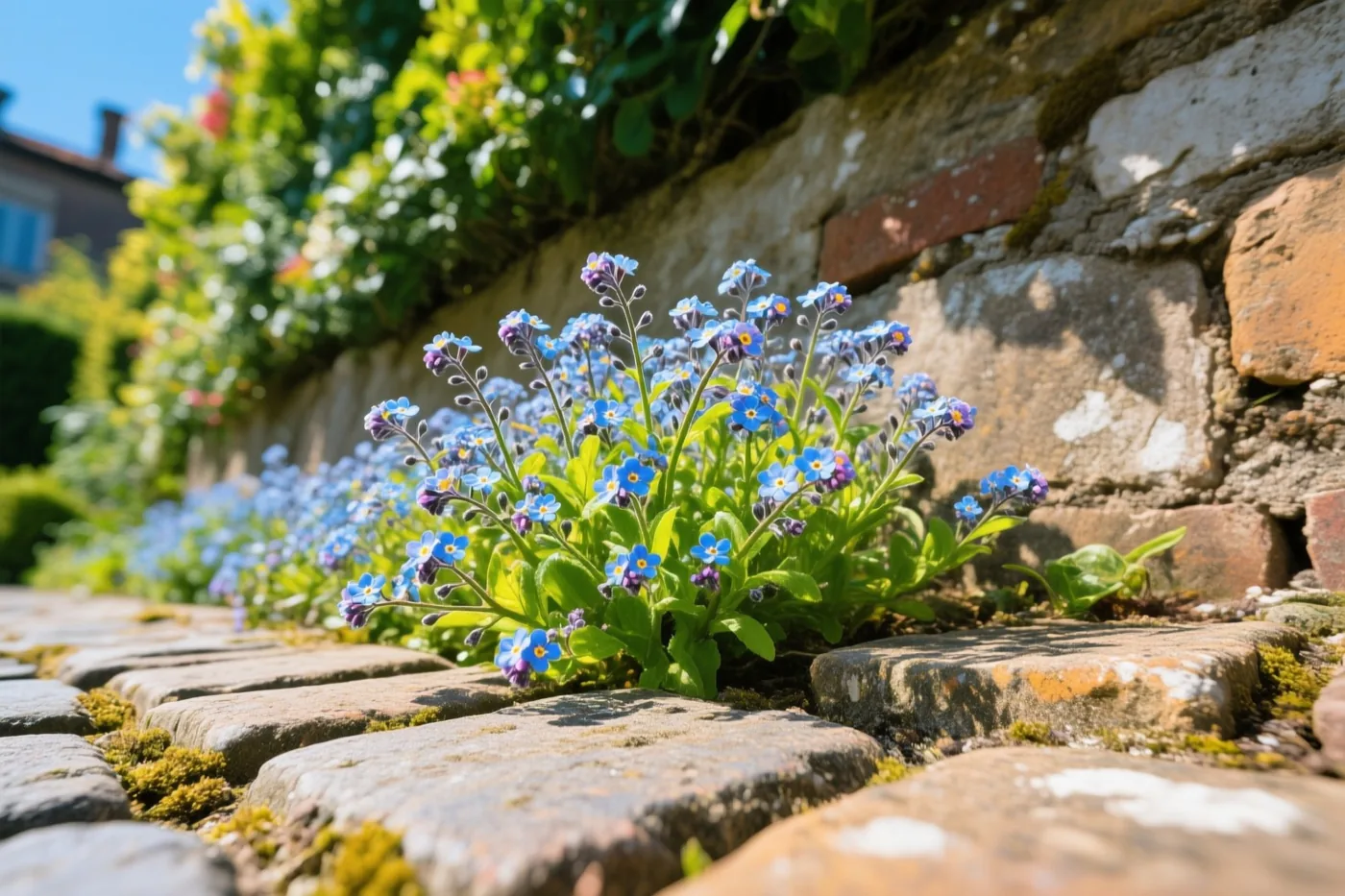 Blauwe vergeet-mij-nietjes groeien tussen verweerde kasseien aan de voet van een oude stenen tuinmuur, met volop zonlicht en groen op de achtergrond.