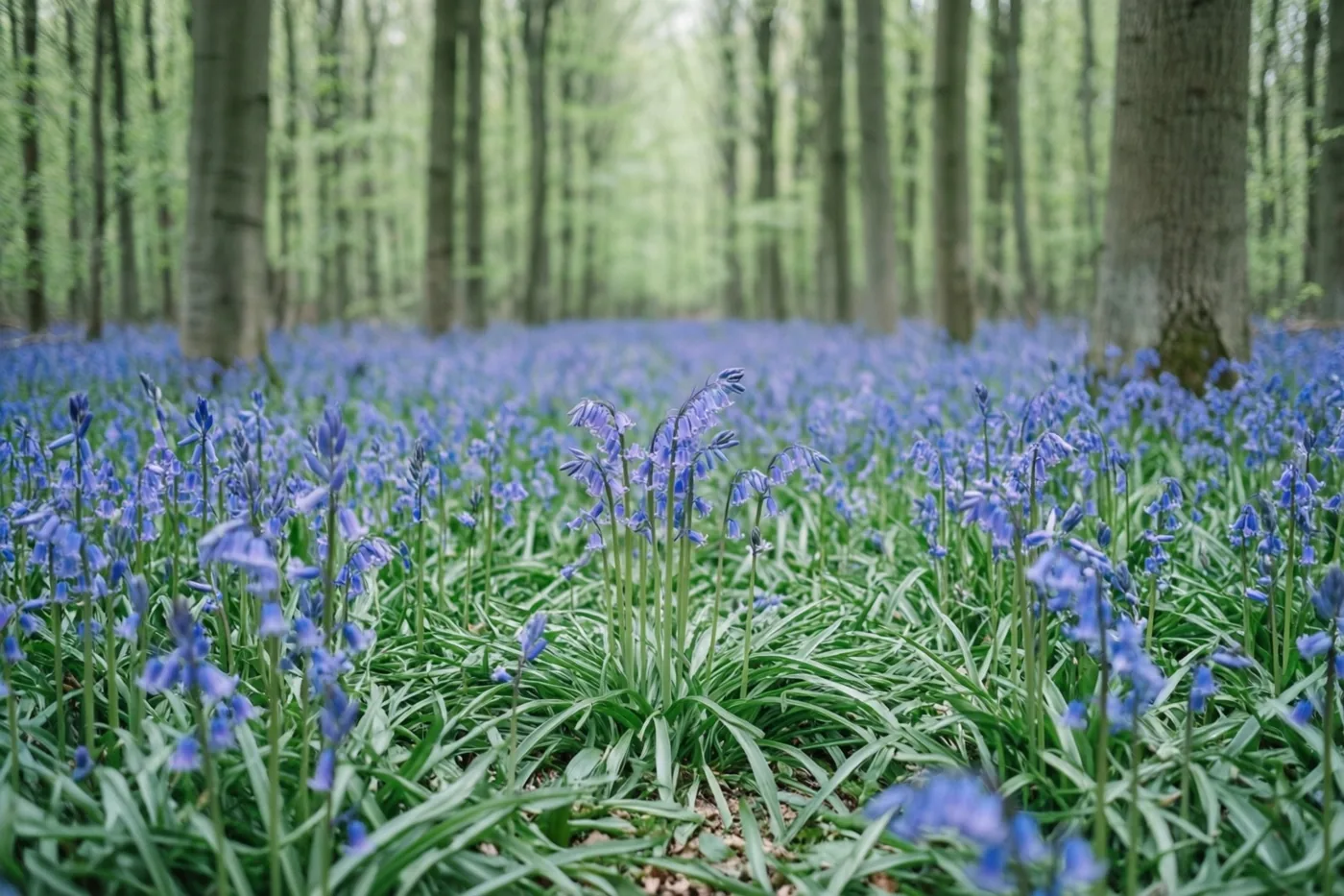 Onder hoge bomen is de bosbodem bedekt met blauwe boshyacinten en groen blad in een landschap van blauwe, groene en bruine tinten.