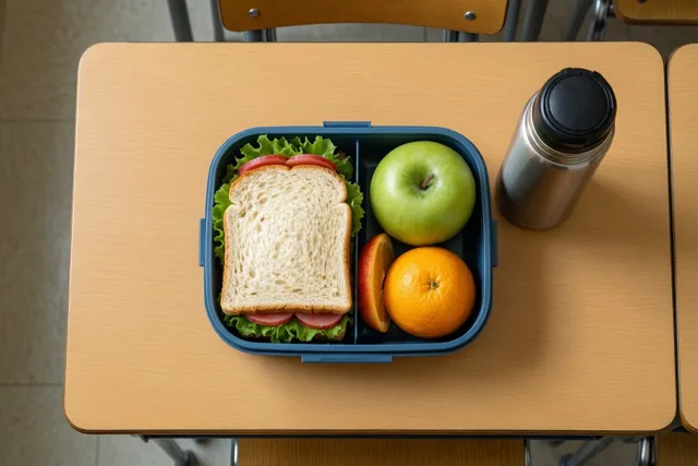Een blauwe brooddoos met een belegde boterham, een groene appel, een sinaasappel en een sinaasappelschijfje staat op een houten schoolbank naast een roestvrijstalen thermos.