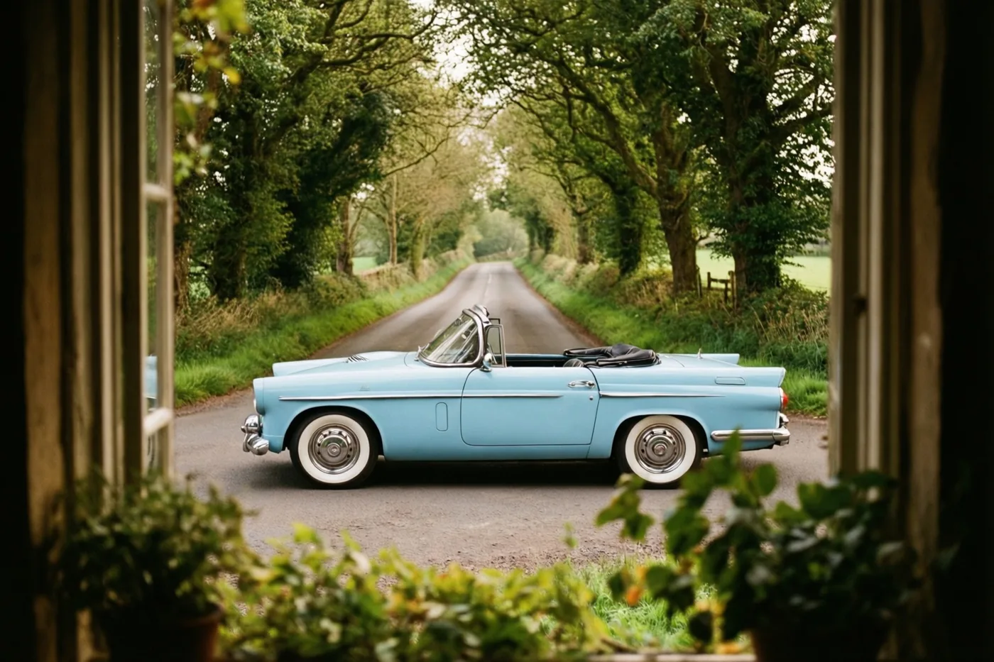 Door een raamkozijn met groen op de voorgrond is een pastelblauwe klassieke cabrio met banden met witte zijwanden te zien op een landweg tussen groene bomen.
