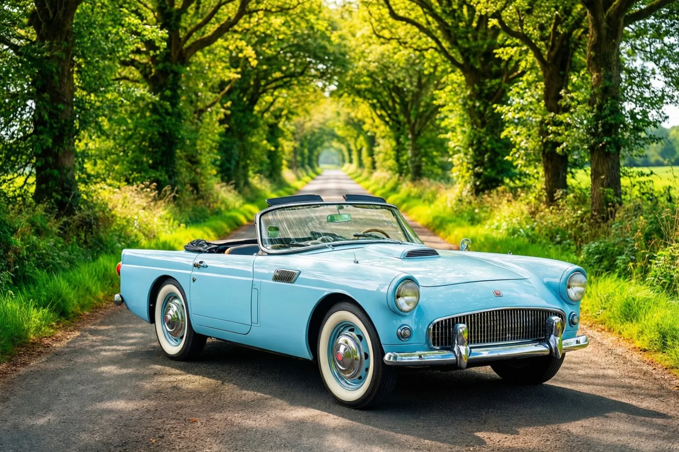 Een pastelblauwe klassieke cabrio met banden met witte zijwanden staat op een landweg tussen groene bomen, met zonnevlekken op de weg.