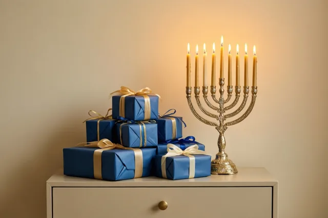 Blauw ingepakte cadeaus met gouden en witte linten liggen naast een brandende kandelaar op een lichtgekleurd dressoir.