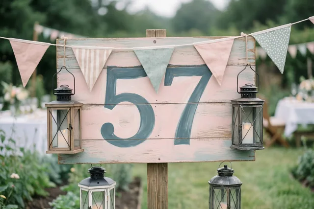Een landelijk houten bord met 57 in blauwe verf staat in een tuin met gras, vlaggetjes en lantaarns, met onscherpe tafels en groen op de achtergrond.