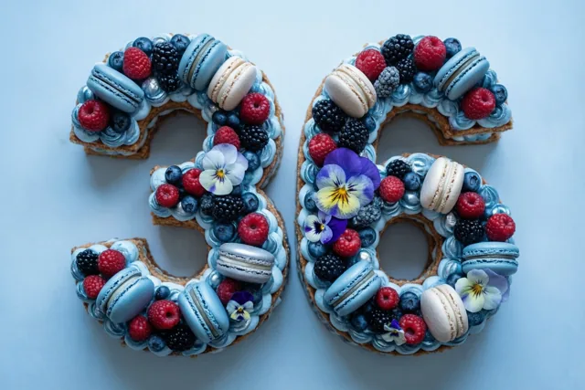 Van bovenaf zie je een taart in de vorm van 36 met blauw glazuur, bessen, macarons en eetbare bloemen op een lichtblauwe achtergrond.