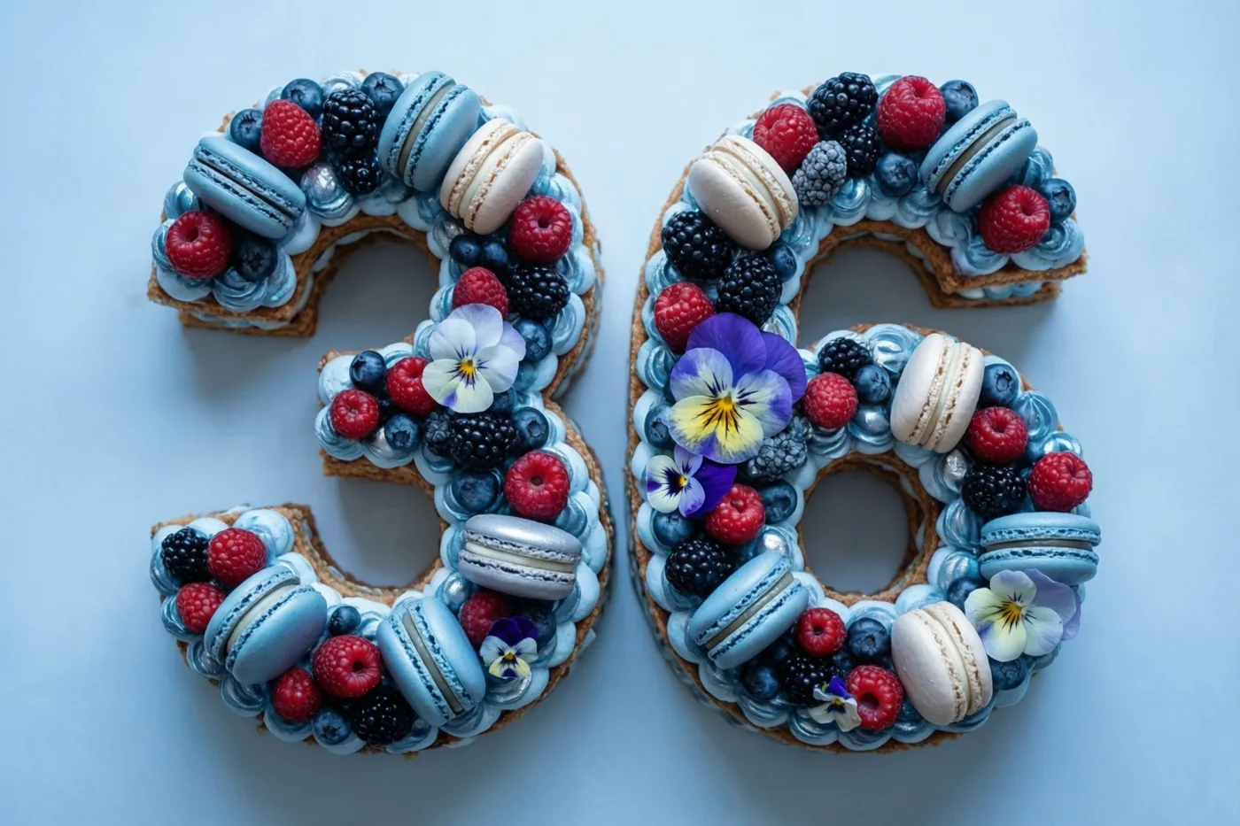 Van bovenaf zie je een taart in de vorm van 36 met blauw glazuur, bessen, macarons en eetbare bloemen op een lichtblauwe achtergrond.