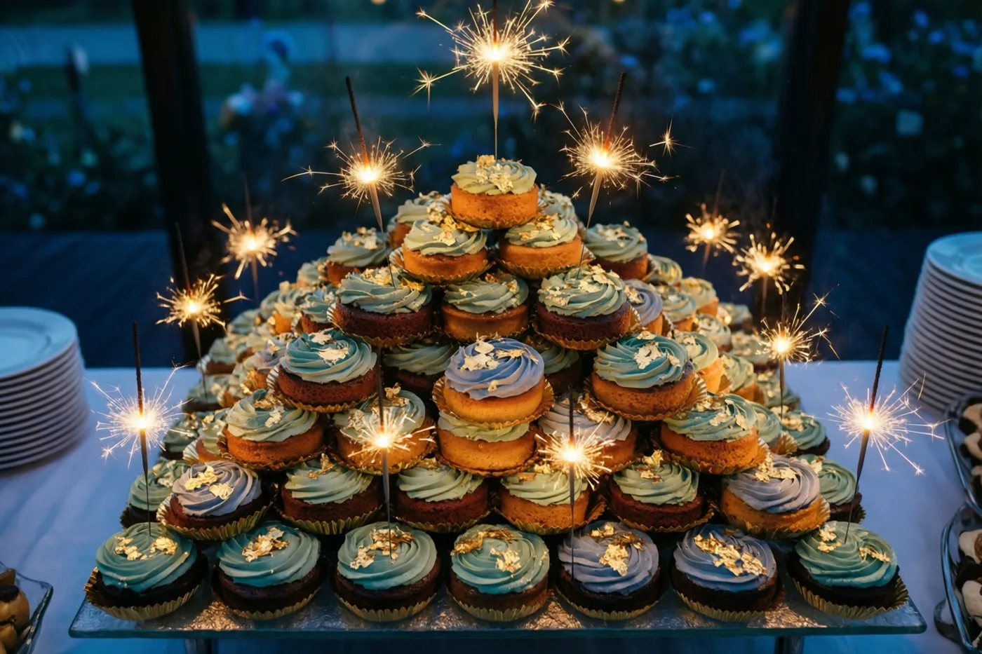 Een piramide van cupcakes met blauw glazuur, bladgoud en brandende sterretjes staat op een buffettafel tegen een blauwe achtergrond in de schemering.