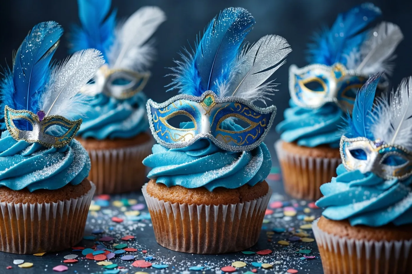 Cupcakes met blauwe topping en suikermaskers met blauwe en witte veren staan op een donkere ondergrond met kleurrijke confetti.