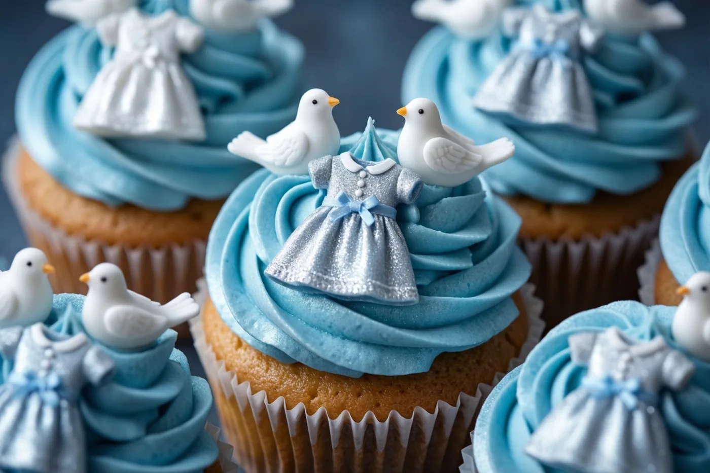 Vanillecupcakes met blauw glazuur en kleine doopkleedjes en witte duifjes van suiker staan tegen een onscherpe donkere achtergrond.