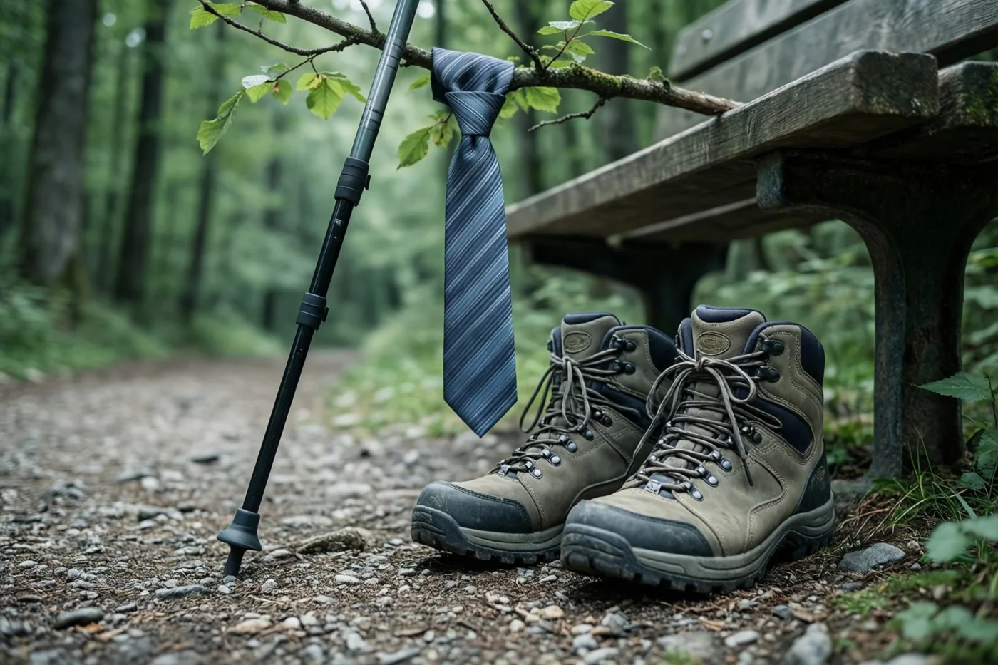 Een paar versleten wandelschoenen en een wandelstok staan op een grindpad in het bos naast een houten bank, met een blauw gestreepte das aan een tak erboven.