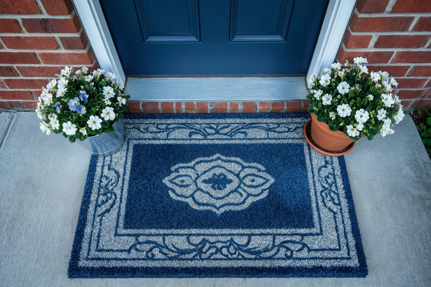 Een blauwe deurmat met patroon ligt op een betonnen stoep voor een donkerblauwe deur, tussen twee potten met bloeiende planten en rode bakstenen muren.