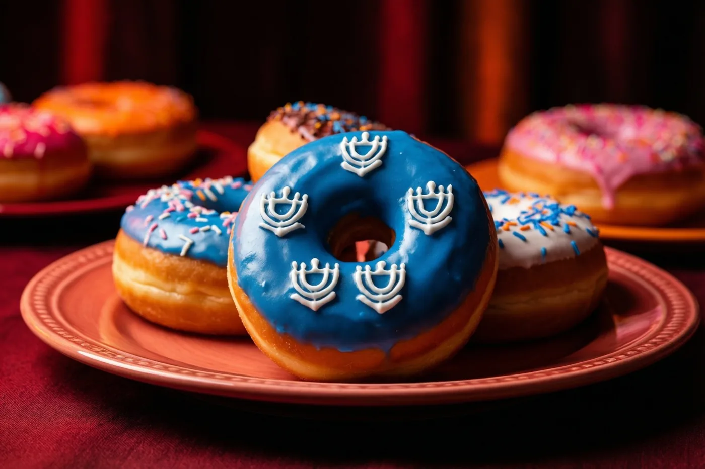 Op een rood bord liggen donuts, waarvan één met blauw glazuur en witte dreidelversieringen, tegen een donkerrode achtergrond.