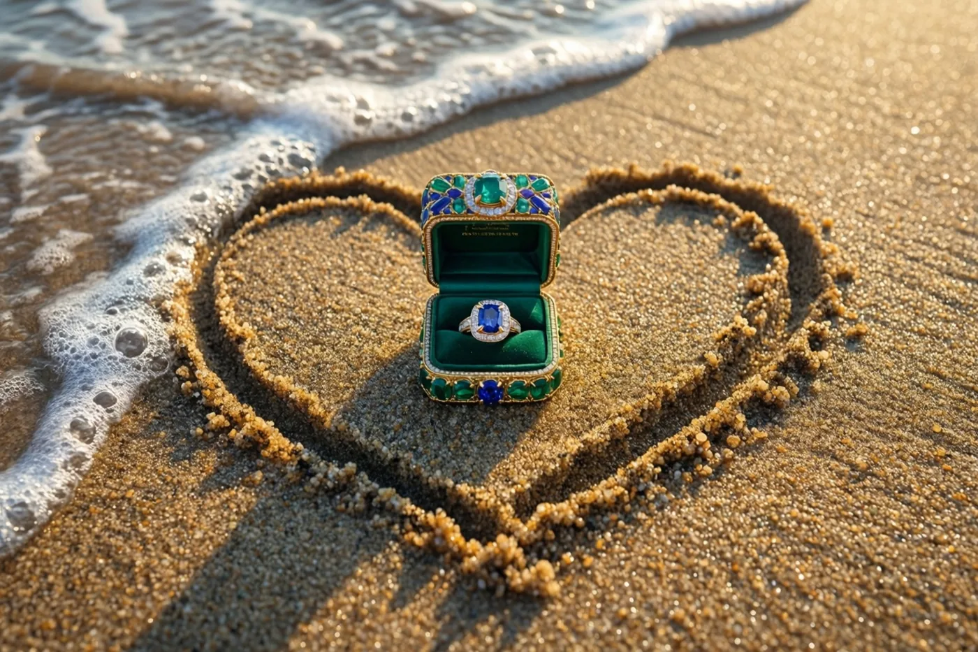 Een sierlijk open ringdoosje met een ring met een blauwe edelsteen staat in een hart in nat zand, terwijl van links zeegolven naderen in warm goudkleurig licht.