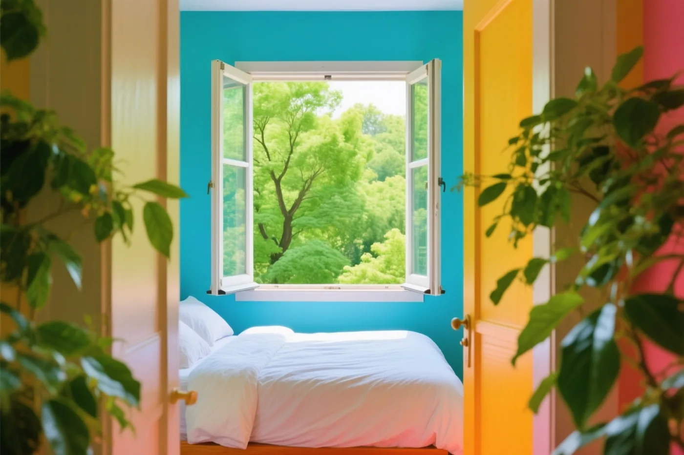 Door een open raam is een lichte slaapkamer met blauwe en gele muren en wit beddengoed te zien, met groene bomen buiten.