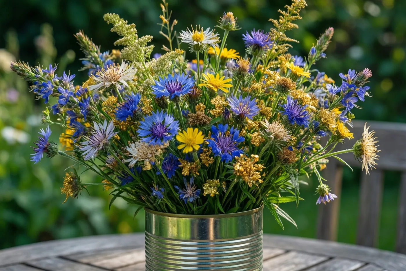 Een boeket veldbloemen in een blik staat op een houten tuintafel, met blauwe en gele bloemen en groen op de achtergrond.