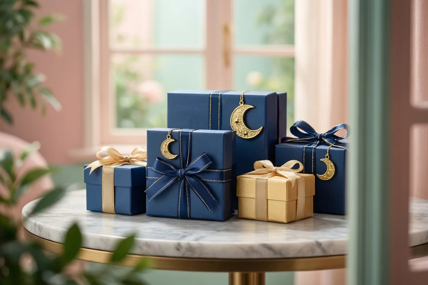 Diepblauwe en gouden geschenkdozen met maansikkelornamenten staan op een marmeren sidetable in een zacht verlichte kamer met een raam en groen op de achtergrond.