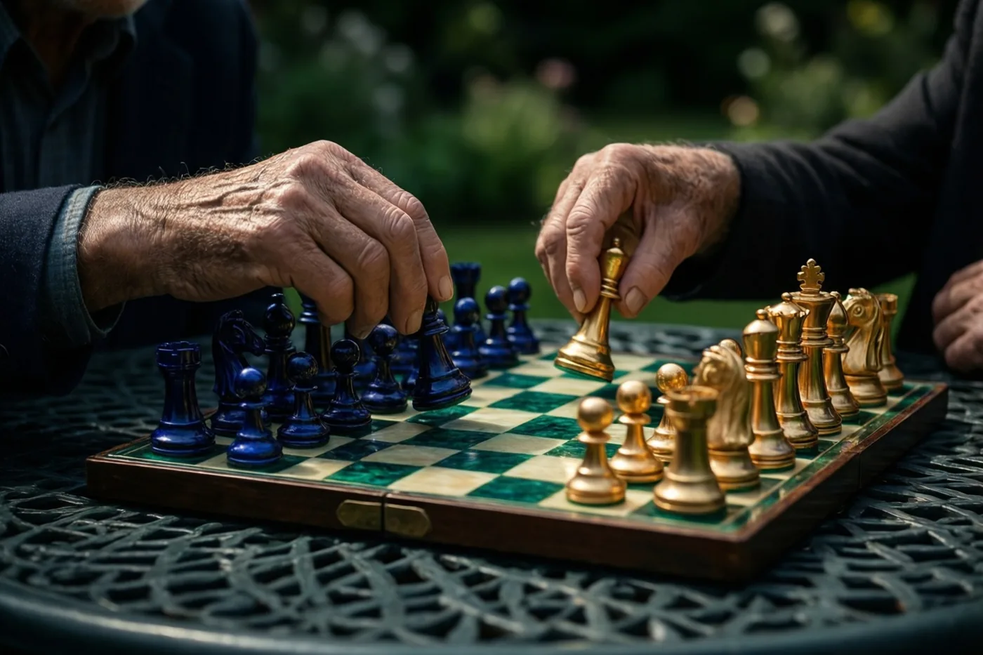 Twee oudere handen spelen schaak met blauwe en gouden stukken op een groen met roomwit geblokt bord op een tuintafel in de schaduw.
