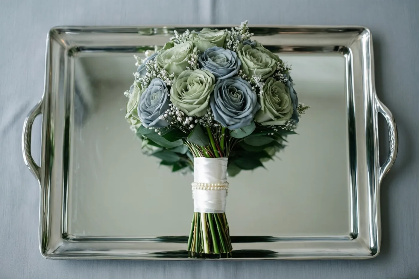Een bruidsboeket met blauwe en groene rozen, gipskruid, groen, wit zijden lint en parels staat op een zilveren spiegelplateau tegen een grijze achtergrond.