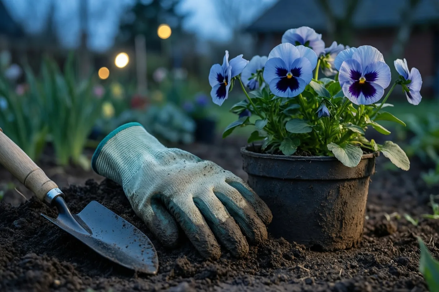Een modderige tuinhandschoen en een plantschepje liggen op donkere aarde naast een pot blauwe en paarse viooltjes, met zachte lichtjes op de achtergrond.