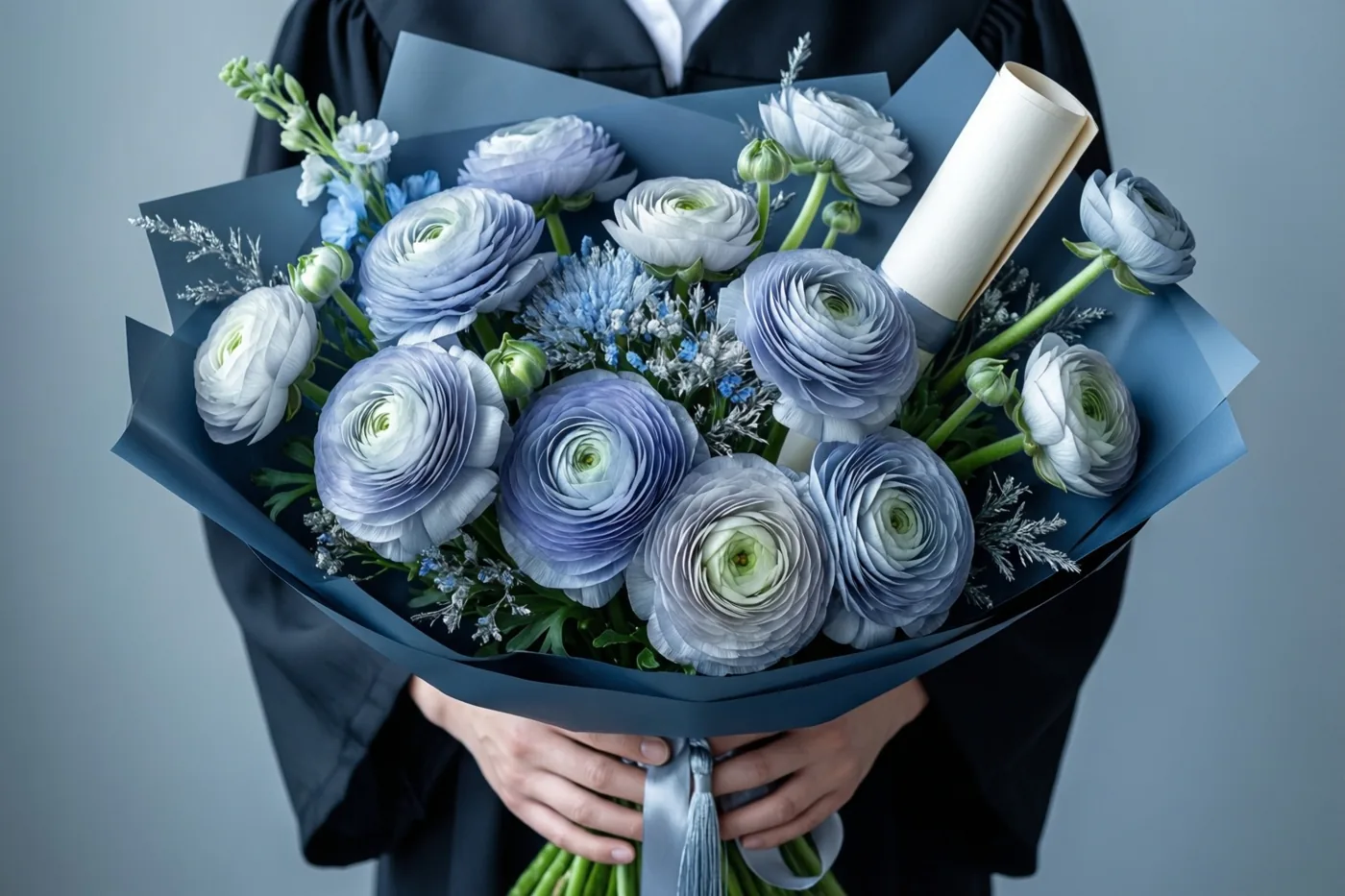 Een persoon in een afstudeertoga houdt een groot boeket blauwe en witte ranonkels vast met een opgerold diploma ertussen, tegen een effen grijze achtergrond.