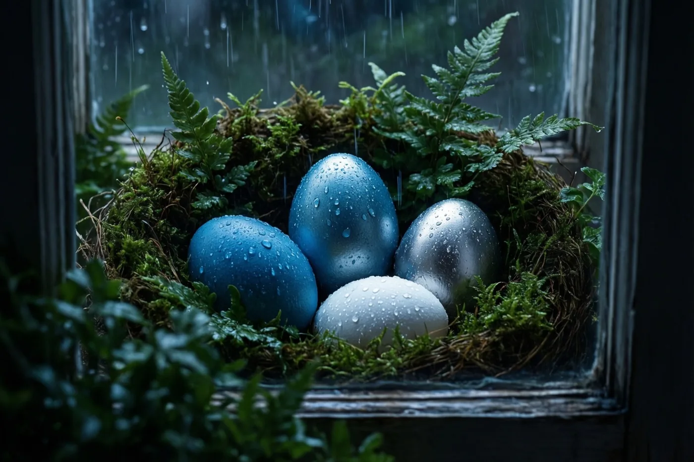 Vier blauwe en zilverkleurige paaseieren liggen in een nest van mos en varens binnen een raamkozijn, met regendruppels op de schalen en het glas.