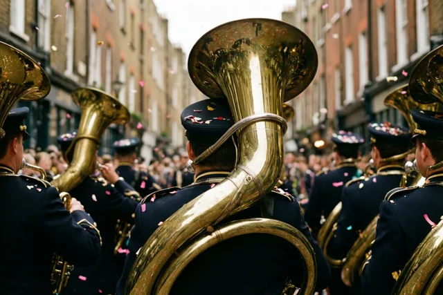 Een fanfare in donkerblauwe uniformen marcheert van achteren gezien door een smalle stadsstraat, met glanzende gouden instrumenten en vallende confetti.