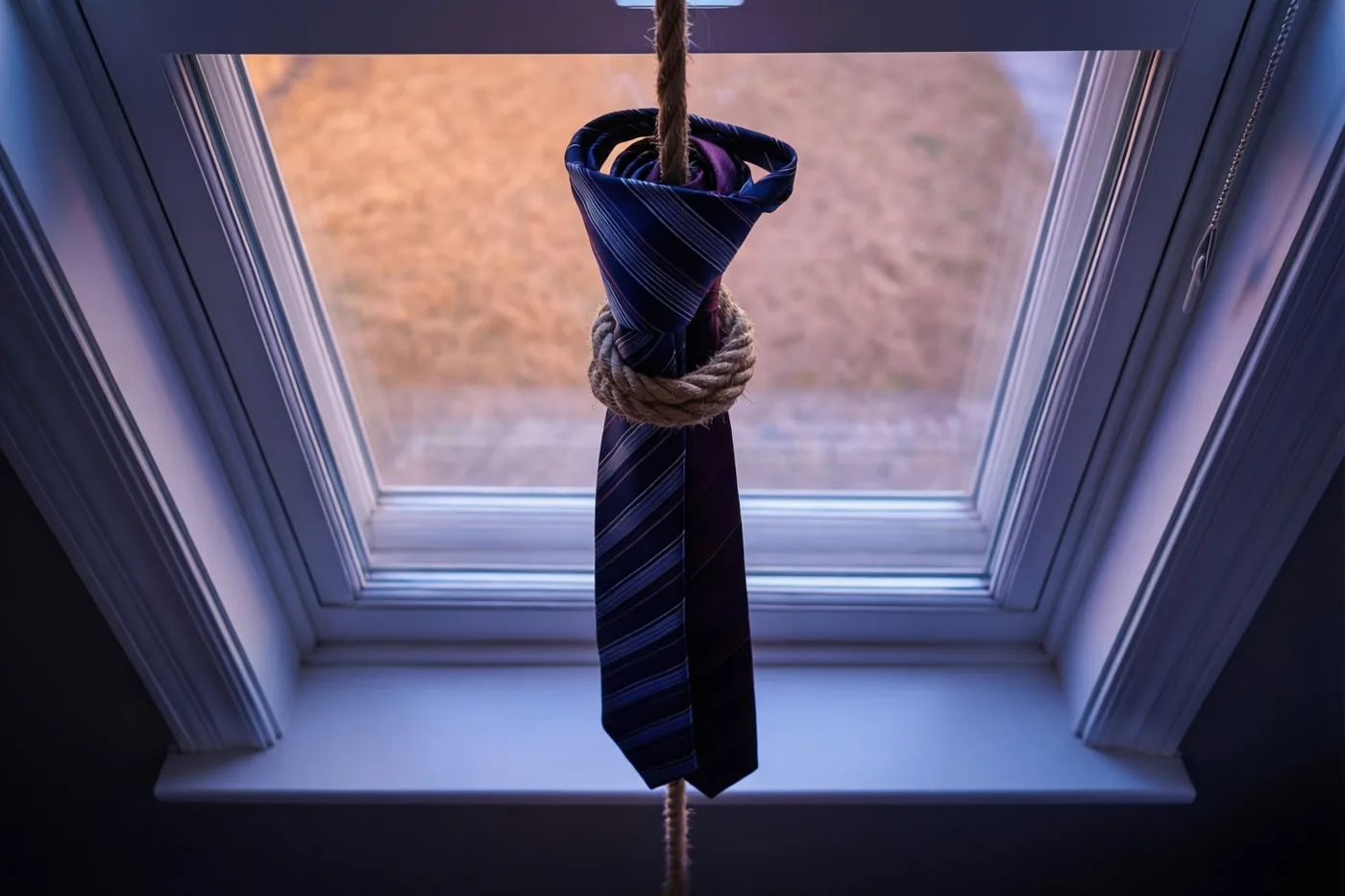 Een donkerblauwe gestreepte das is tot een touw geknoopt en hangt aan een raamkozijn, met koelblauw licht binnen en warme oranje tinten buiten.