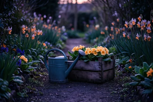 Een blauwe gieter staat naast een houten kist met oranje primula's op een tuinpad in de schemering.