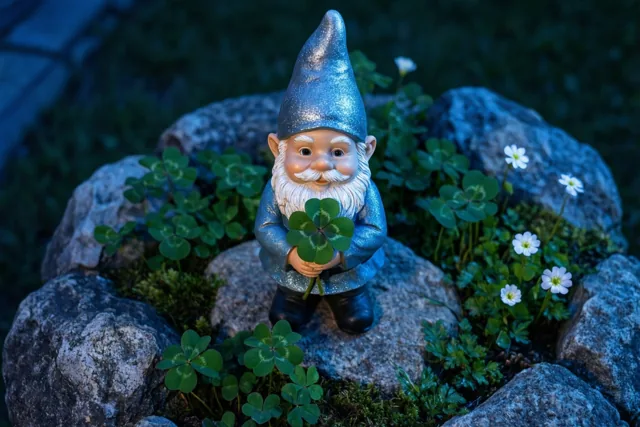 Een tuinkabouter met een glinsterende blauwe muts en jas houdt een klavertjevier vast op een steen tussen groene klaver en kleine witte bloemen, in koele blauwe tinten.