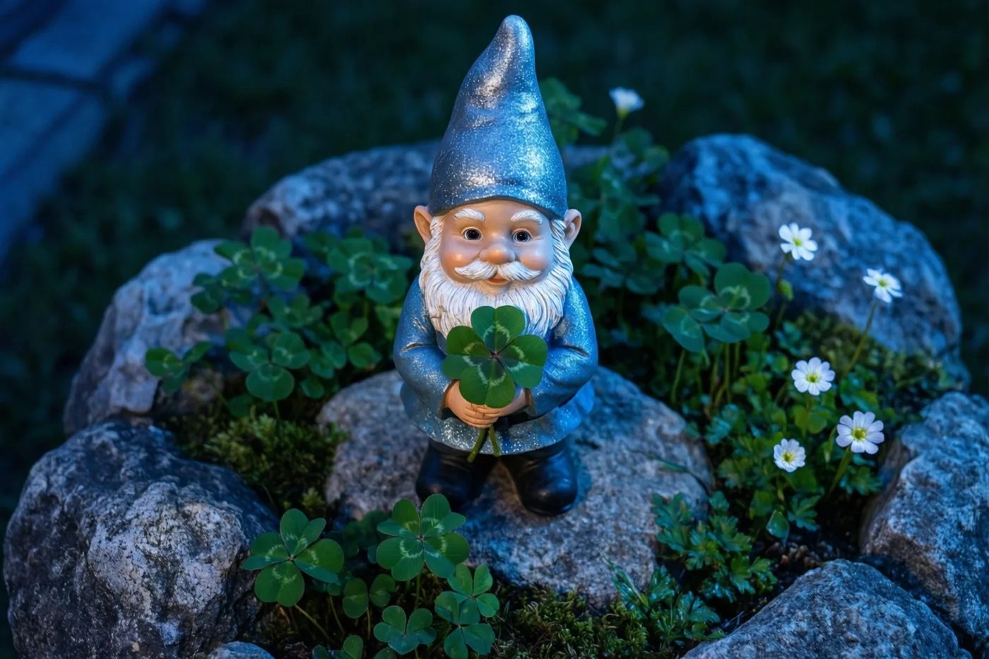 Een tuinkabouter met een glinsterende blauwe muts en jas houdt een klavertjevier vast op een steen tussen groene klaver en kleine witte bloemen, in koele blauwe tinten.