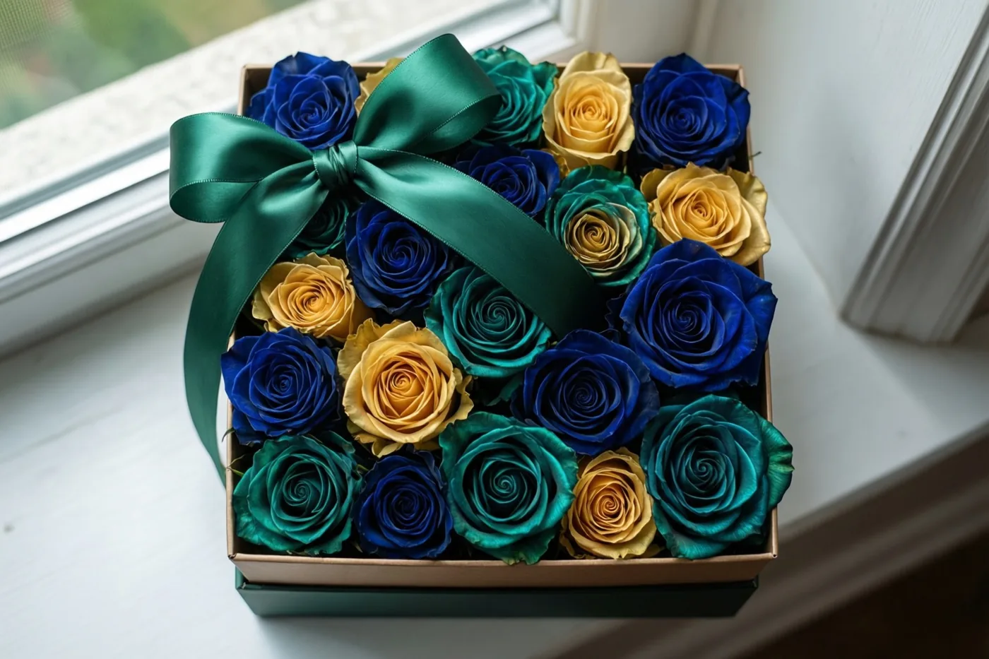 Een doos met blauwe, blauwgroene en goudkleurige rozen en een groen satijnen lint staat op een witte vensterbank in helder daglicht.