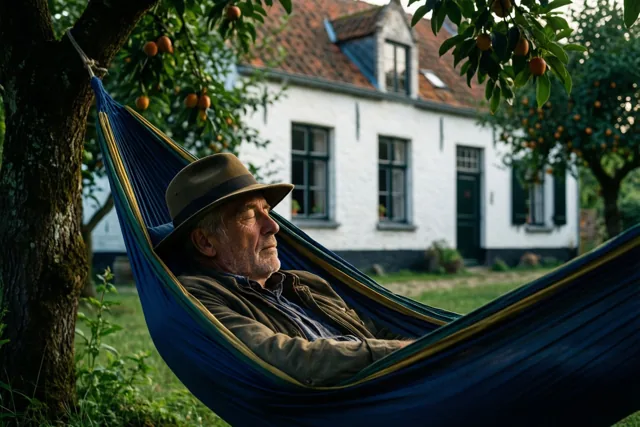 Een oudere man met een hoed rust in een blauwe hangmat tussen twee fruitbomen, met een witgekalkte Vlaamse hoeve op de achtergrond in warm daglicht.