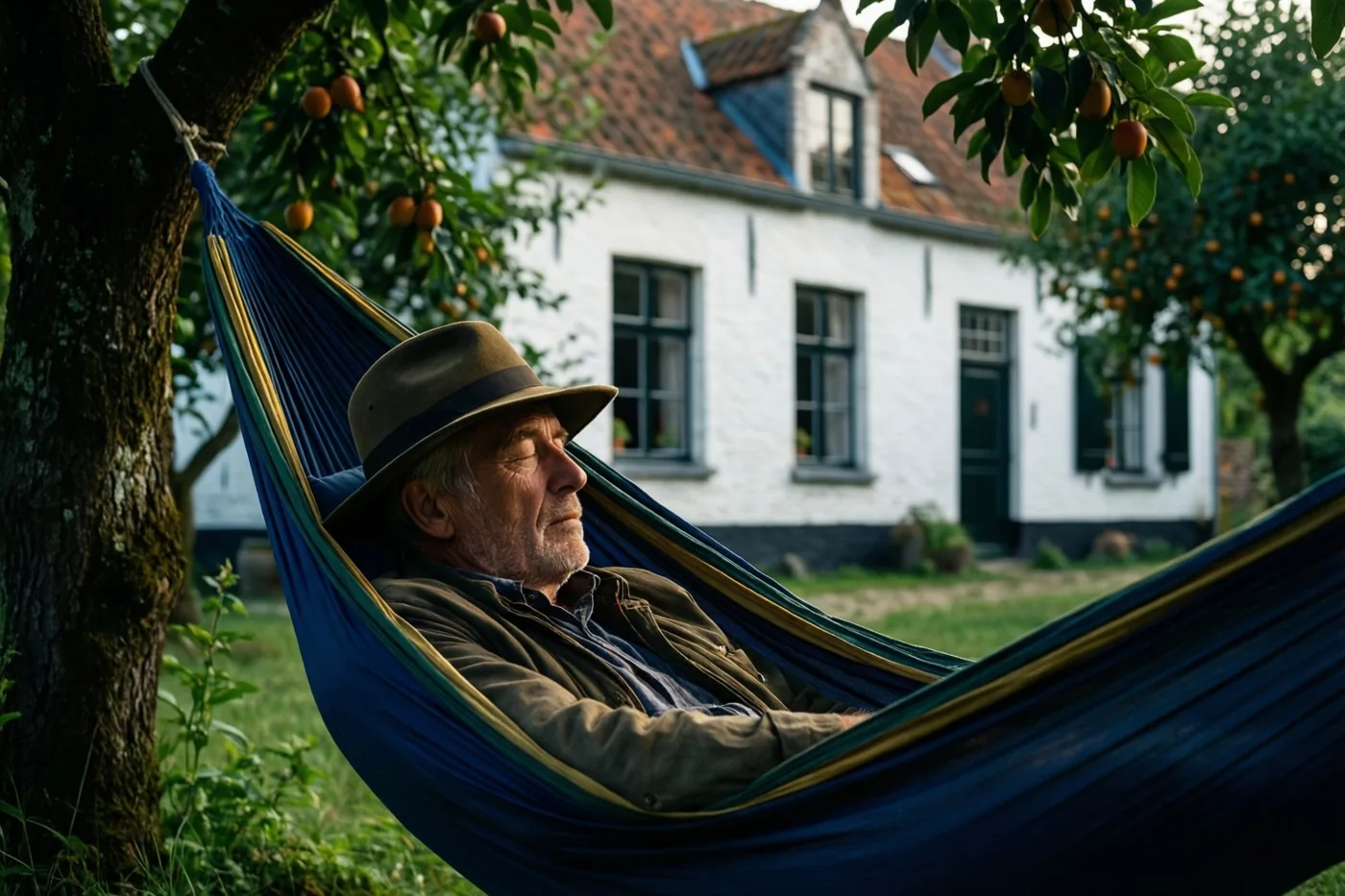Een oudere man met een hoed rust in een blauwe hangmat tussen twee fruitbomen, met een witgekalkte Vlaamse hoeve op de achtergrond in warm daglicht.