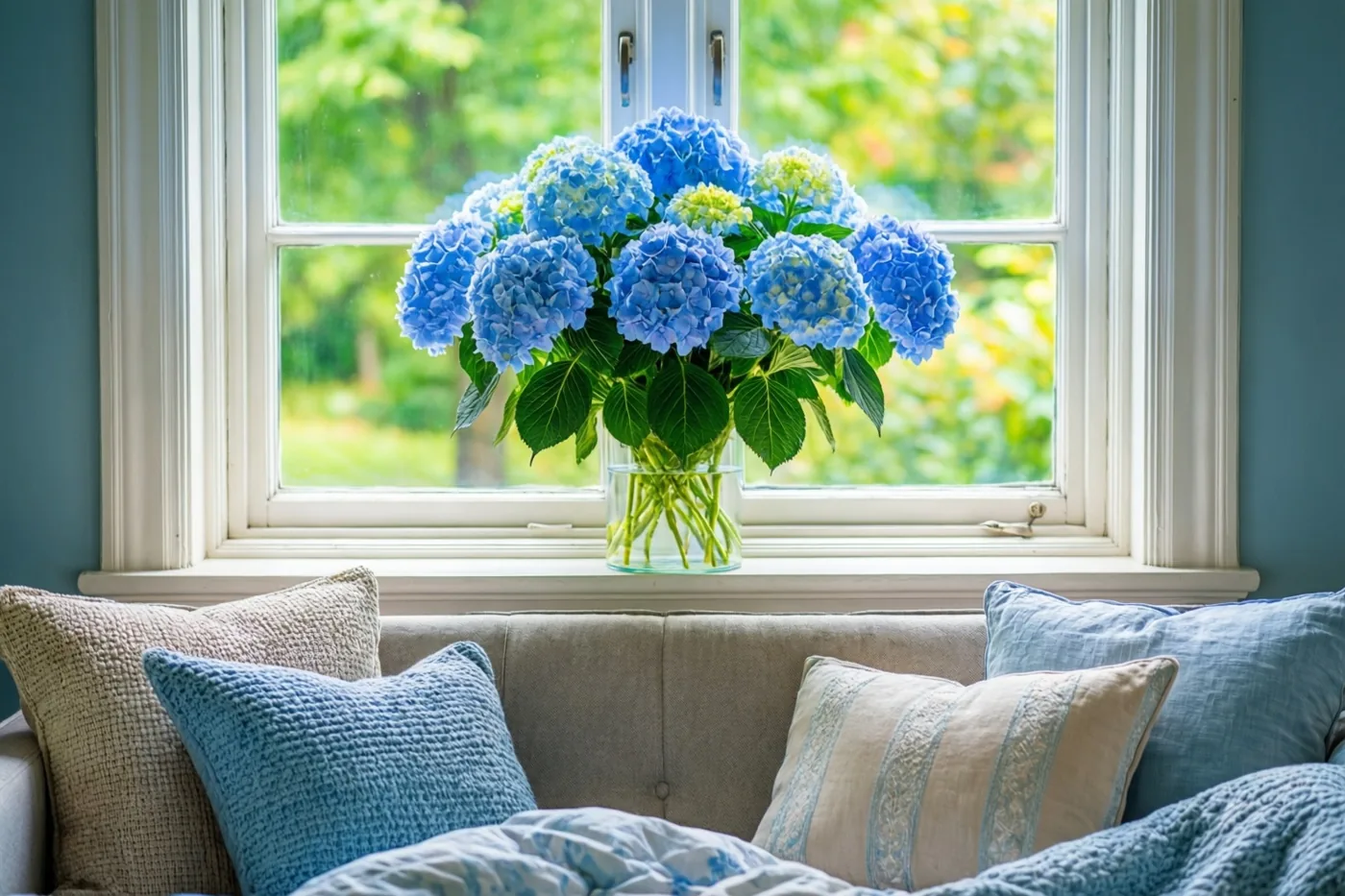 Lichtblauwe hortensia’s staan in een heldere glazen vaas op een witte vensterbank boven een beige zetel met blauwe en beige kussens en een dekbed met een patroon.