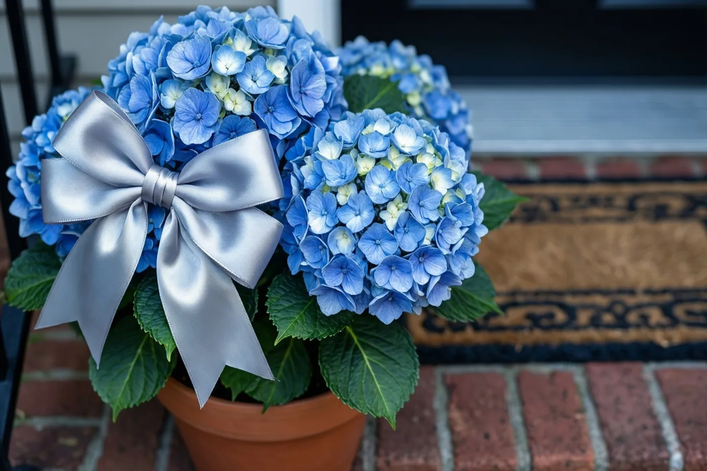 Een blauwe hortensia in een pot met een grote zilverkleurige satijnen strik staat op een bakstenen stoep naast een deurmat.